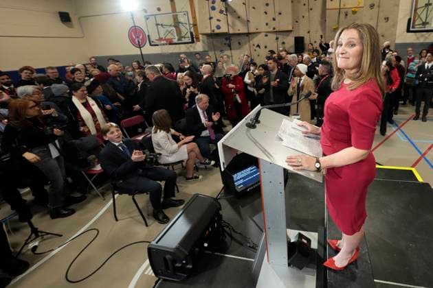 January 19, 2025, Toronto, On, Canada: Former finance minister Chrystia Freeland reacts as a protester is removed during a press conference in Toronto on Sunday Jan. 19, 2025, as she kicks off her campaign to become the next Liberal party leader. Toronto Canada  - ZUMAc35_ 20250119_zaf_c35_017 Copyright: xFrankxGunnx