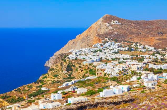 View of Chora village built on a cliff above the sea, Chora, Folegandros Island, Cyclades Islands, Greek Islands, Greece, Europe Copyright: MarcoxSimoni 718-3175