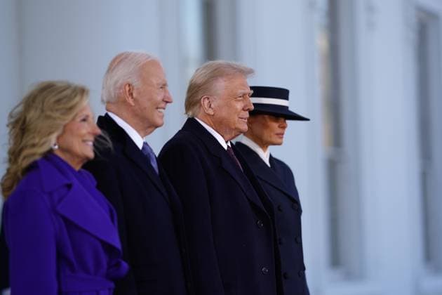 President Joe Biden (2L) and First Lady Dr. Jill Biden (L) greet President Elect Donald Trump (2R) and Melania Trump (R) at the White House during inauguration ceremonies for US President Donald Trump in Washington, DC, USA, 20 January 2025. Trump, who defeated Vice President Kamala Harris in the 2024 general election, is being sworn in today as the 47th president of the United States, though the planned outdoor ceremonies and events have been cancelled due to a forecast of extreme cold temperatures. Copyright: x.x