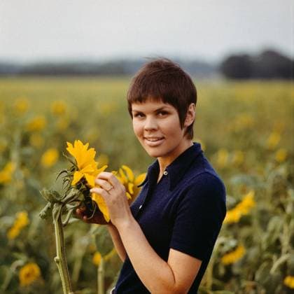 Chris Doerk Die deutsche Schauspielerin und Schlagersängerin Chris Doerk im Porträt beim Fotoshooting mit einer Sonnenblume in einem Sonnenblumenfeld mit Fotograf Tassilo Leher, DDR um 1973. Ost-Berlin Deutschland (DDR) *** Chris Doerk the German Actress and Pop singer Chris Doerk at Portrait at Photo shoot with a Sunflower in a Sunflower field with Photographer Tassilo Leher, GDR at 1973 East Berlin Germany GDR Copyright: TassiloxLeher LEH_91020001141 Nur redaktionelle Nutzung Editorial usage only EDITORIAL USE ONLY