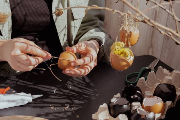 Tutorial Wie man Ostern Tischdekoration mit Eierschalen Schritt für Schritt Anleitung zu machen. Osterdekoration für zu Hause auf einem Holzzweig. Saisonale nachhaltige recycelte Tutorial How to make Easter table decoration with egg shells step by step instruction. Easter home decoration on wooden branch. Seasonal sustainable recycled decor Copyright: xZoonar.com AnastasiiaxYanishevskax 22646631