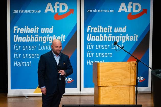 Leonberg, Baden-Württemberg, Germany - January 22, 2025: Election campaign event for the 2025 Bundestag election of the AfD Alternative for Germany party in Leonberg, Baden-Württemberg. Member of the Bundestag Markus Frohnmaier gives a speech on stage *** Wahlkampf Veranstaltung für die Bundestagswahl 2025 der Partei AfD Alternative für Deutschland in Leonberg, Baden-Württemberg. Bundestagsabgeordneter Markus Frohnmaier hält eine Rede auf der Bühne