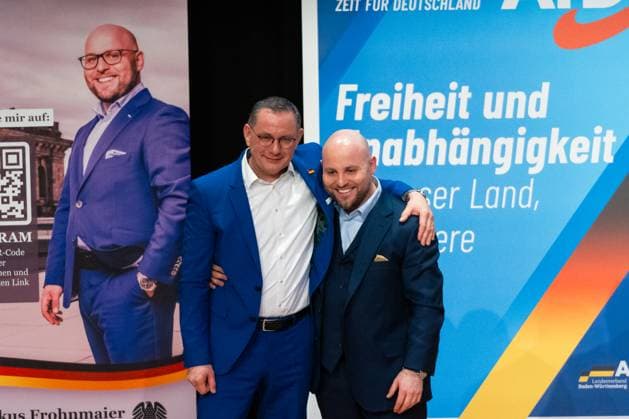Leonberg, Baden-Württemberg, Germany - January 22, 2025: Election campaign event for the 2025 Bundestag election of the AfD Alternative for Germany party in Leonberg, Baden-Württemberg. Markus Frohnmaier with Tino Chrupalla *** Wahlkampf Veranstaltung für die Bundestagswahl 2025 der Partei AfD Alternative für Deutschland in Leonberg, Baden-Württemberg. Markus Frohnmaier mit Tino Chrupalla