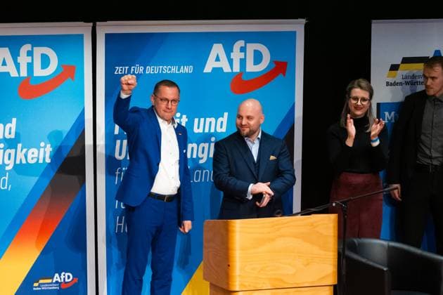 Leonberg, Baden-Württemberg, Germany - January 22, 2025: Election campaign event for the 2025 Bundestag election of the AfD Alternative for Germany party in Leonberg, Baden-Württemberg. Markus Frohnmaier with Tino Chrupalla *** Wahlkampf Veranstaltung für die Bundestagswahl 2025 der Partei AfD Alternative für Deutschland in Leonberg, Baden-Württemberg. Markus Frohnmaier mit Tino Chrupalla