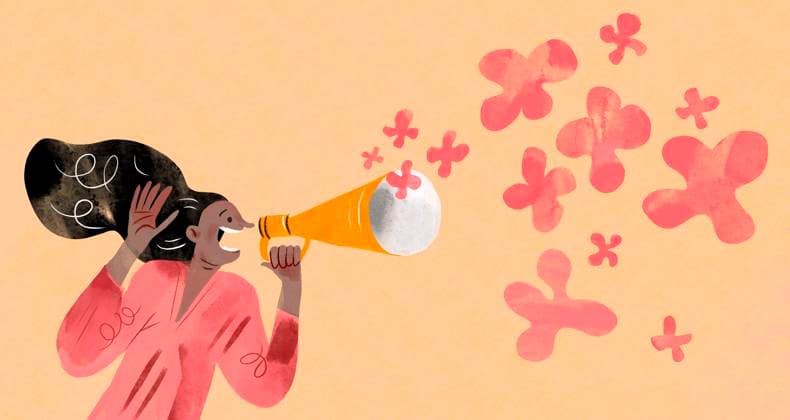 Illustration of a woman using a loudspeaker to announce spring with flowers flying out, IAUF00128