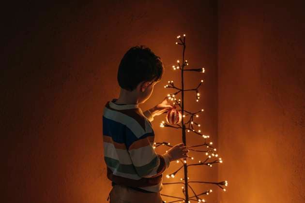 Boy decorating Christmas tree at home model released, Symbolfoto, VSNF02744