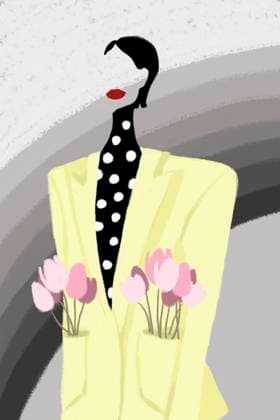 Illustration of a woman in a yellow jacket with flowers in her pockets against a colorless rainbow property released, ESAF00075