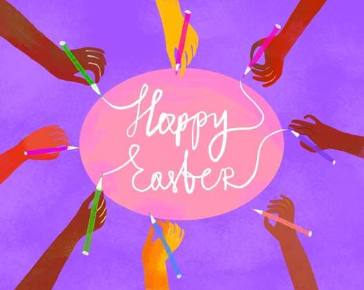 Illustration of hands decorating an Easter egg with pencils on a colorful background, IAUF00155