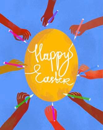 Illustration of hands decorating a colorful Easter egg with pencils and a Happy Easter message., IAUF00157