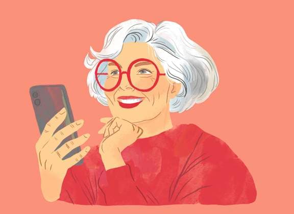 Illustration of an elderly lady with gray hair smiling and holding a phone, IAUF00195