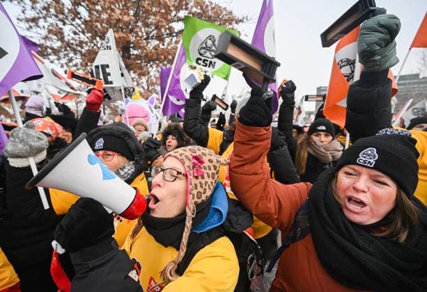 January 23, 2025, Montreal, Pq, Canada: Daycare workers take part in a demonstration on the first day of a strike in Montreal, Thursday, January 23, 2025. Montreal Canada  - ZUMAc35_ 20250123_zaf_c35_001 Copyright: xGrahamxHughesx