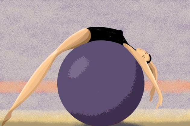 Woman in black sports swimsuit stretching on a purple fitball property released, ESAF00079