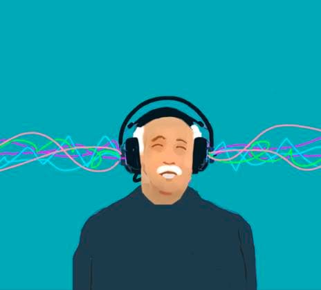 Concept illustration of a person wearing headphones with colorful sound waves, GWAF00781