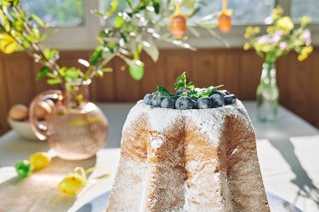 Pandoro bread decorated with icing sugar and blueberries property released, CATF00577