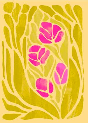 Abstract floral illustration with pink flowers and green leaves in a stained glass style, IAUF00265