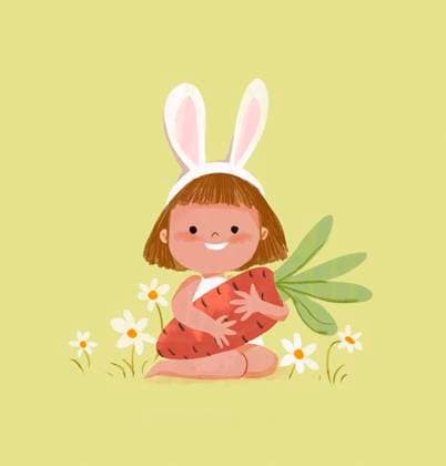 Illustration of a cute child with bunny ears holding a carrot surrounded by chamomile flowers, IAUF00278
