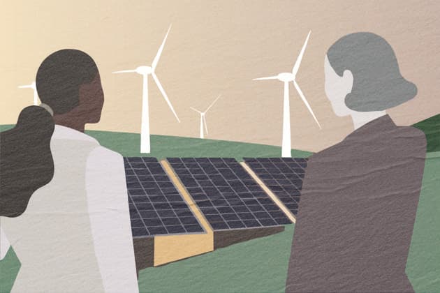 PR_ID26154_10431_RenewableEnergy.jpg Two individuals observe a renewable energy farm featuring solar panels and wind turbines under a calm sky. The setting emphasizes eco-friendly technology and sustainability., Property released Model Released AdalbertoRodriguez_ID26154_754696_012 Copyright: xAdalbertoxRodriguezx RECORD DATE NOT STATED