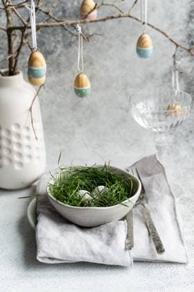 An elegantly set Easter table featuring a bowl of eggs nestled in fresh green grass, accompanied by a delicate arrangement of hanging artfully painted eggs and a sophisticated ceramic vase. Model Released AnnaBogush_ID26004_750203_023 Copyright: xAnnaxBogushx RECORD DATE NOT STATED