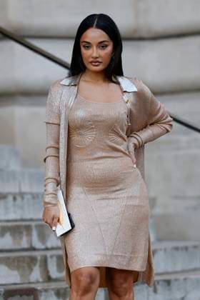PFW - Celebs At Schiaparelli Amina Muaddi arrives to Schiaparelli fashion show during the Haute Couture Fall Winter 2025 - 2026 Fashion Week on January 27, 2025 in Paris, France. Photo by Marco Piovanotto ABACAPRESS.COM Paris France  Copyright: xPiovanottoxMarco ABACAx