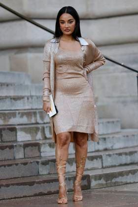 PFW - Celebs At Schiaparelli Amina Muaddi arrives to Schiaparelli fashion show during the Haute Couture Fall Winter 2025 - 2026 Fashion Week on January 27, 2025 in Paris, France. Photo by Marco Piovanotto ABACAPRESS.COM Paris France  Copyright: xPiovanottoxMarco ABACAx