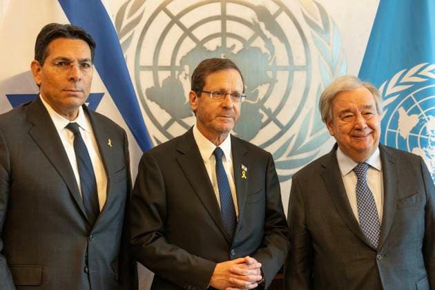 The Secretary-General meeting with President of State of Israel Isaac Herzog Ambassador Danny Danon joined The Secretary-General Antonio Guterres on meeting with President of State of Israel Isaac Herzog at UN Headquarters in New York New York New York United States Copyright: LevxRadin