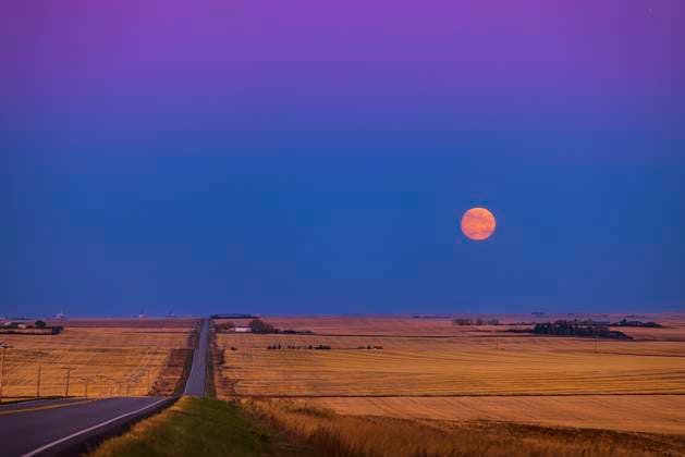 October 8, 2022 - The rising of the nearly full moon, the Hunter s Moon, in southern Alberta, Canada. This was the evening before the official day of full moon. Jupiter is just at upper right. Copyright: AlanxDyer StocktrekxImages ADY201420S