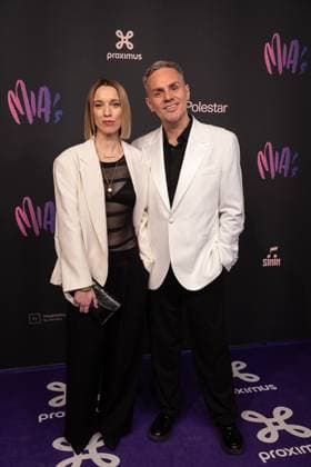 Presenter Peter Van de Veire and with wife pictured during the 17th edition of the MIA s (Music Industry Award) award show, in Merksem, Wednesday 29 January 2025. The MIA awards are handed out by the VRT and VI.BE.  JAMESxARTHURxGEKIERE 111414149