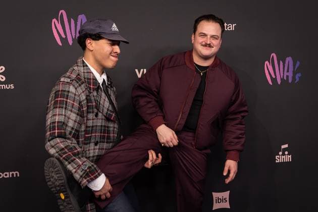 Artists Glints and Singer Faisal Chatar pictured during the 17th edition of the MIA s (Music Industry Award) award show, in Merksem, Wednesday 29 January 2025. The MIA awards are handed out by the VRT and VI.BE.  JAMESxARTHURxGEKIERE 111414190
