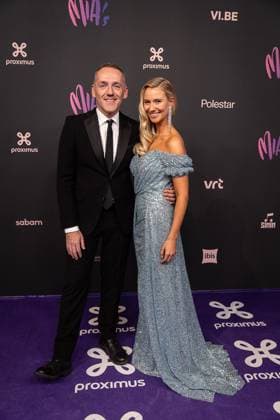 Presenter Xavier Taveirne and Presenter Celine Van Ouytsel pictured during the 17th edition of the MIA s (Music Industry Award) award show, in Merksem, Wednesday 29 January 2025. The MIA awards are handed out by the VRT and VI.BE.  JAMESxARTHURxGEKIERE 111414396