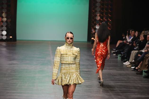 Berlin Fashion Week: Collective Four - Marcel Ostertag Autum Winter 2025 Berlin: The designer Marcel Ostertag presents his AUTUMN WINTER 2025 collection. The photo shows models on the catwalk with the new collection Berlin Berlin district of Friedrichshain Germany Copyright: SimonexKuhlmey
