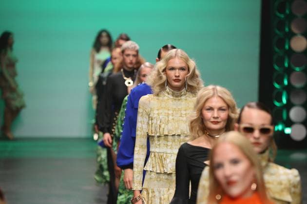 Berlin Fashion Week: Collective Four - Marcel Ostertag Autum Winter 2025 Berlin: The designer Marcel Ostertag presents his AUTUMN WINTER 2025 collection. The photo shows models on the catwalk with the new collection Berlin Berlin district of Friedrichshain Germany Copyright: SimonexKuhlmey