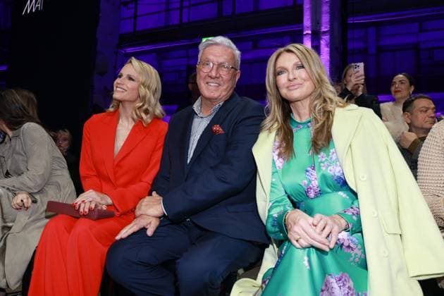 31.01.2025, Michelle Hunziker, Helmut Schlotterer und Frauke Ludowig, zur Marc Cain Fashion Show Parallel Universe zur Berlin Fashion Week 2025, Kraftwerk Berlin, Berlin, Berlin Deutschland