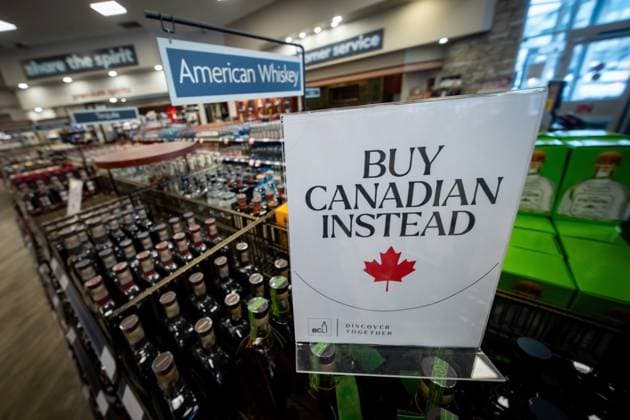 February 2, 2025, Vancouver, Bc, CANADA: p>A sign is placed in front of the American whiskey section at a B.C. liquor store after top selling American made products have been removed from shelves in Vancouver, B.C., Sunday, Feb. 2, 2025. Vancouver CANADA  - ZUMAc35_ 20250202_zaf_c35_120 Copyright: xEthanxCairnsx