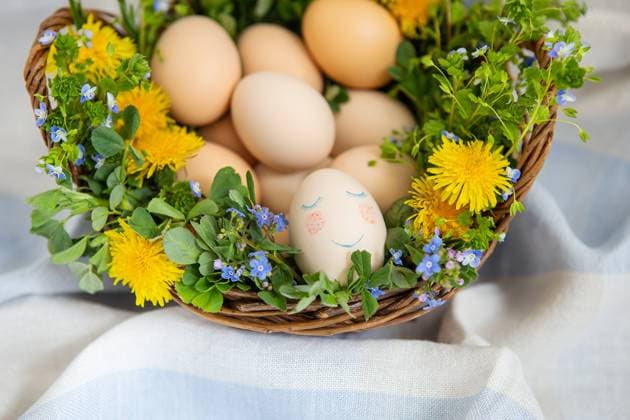 Beautiful spring bouquet in a wooden basket with Easter painted eggs, eggs with cute faces. Easter colorful card. View from above , 49605984.jpg, basket, bouquet, flower, spring, easter, green, white, eggs, decoration, grass, flowers, seasonal, april, nature, holiday, feathers, religion, traditional, face, blue, season, natural, present, bloom, colorful, nest, yellow, shkarloopa, plant, napkin, time, decorative, event, postcard, festive, ornament, color, herb, gift, orange, leaf, floral, pink, beautiful, bright, flora, blossom, plants, blooms RECORD DATE NOT STATED
