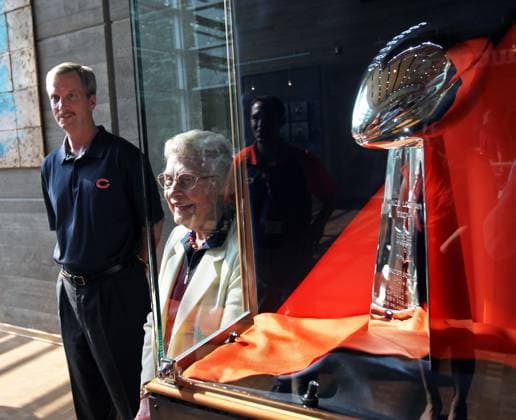 SPORTS-MCCASKEY-OBIT-4-TB New Chicago Bears Chairman of the Board George McCaskey and his mother, Bears owner Virginia McCaskey, stand beside the team s Lombardi Trophy from Super Bowl XX in 1986 while meeting with Bears season ticket holders at Halas Hall in Lake Forest, Illinois, on Wednesday, June 8, 2011. (Chris Sweda Chicago Tribune TNS) Chicago IL - Illinois USA - United States EDITORIAL USE ONLY Copyright: xx 134181714W ChrisxSwedax krtphotoslive950052