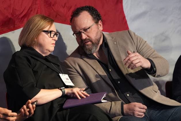 February 7, 2025, Toronto, On, Canada: Unifor President Lana Payne and Flavio Volpe, head of the Automotive Parts Manufacturers Association, talk before the start of a Canada-U.S. economic summit in Toronto, Friday, Feb.7, 2025. Toronto Canada  - ZUMAc35_ 20250207_zaf_c35_005 Copyright: xFrankxGunnx