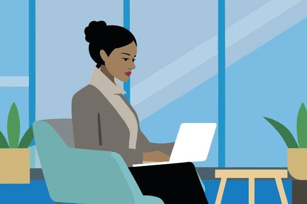 PR_ID26444_10534_BusinessIi.jpg A businesswoman concentrates on her laptop while seated in a stylish chair in a bright office space with large windows. Green plants enhance the atmosphere., Property released Model Released AdalbertoRodriguez_ID26444_763062_002 Copyright: xAdalbertoxRodriguezx RECORD DATE NOT STATED