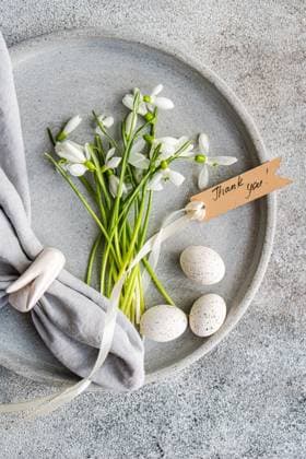 Top view of fresh snowdrops and speckled eggs arranged in a concrete dish, accompanied by a Thank you! tag, symbolizing gratitude and the arrival of spring. Model Released AnnaBogush_ID26489_764295_006 Copyright: xAnnaxBogushx