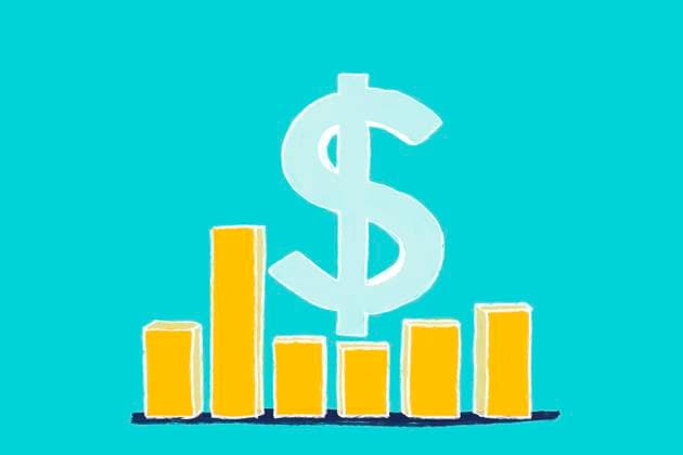 A yellow bar chart with varying heights sits against a teal background, dominated by a large dollar symbol. This illustration symbolizes financial growth and economic progress. Model Released HodeiUnzueta_ID26463_763613_009 Copyright: xHodeixUnzuetax RECORD DATE NOT STATED
