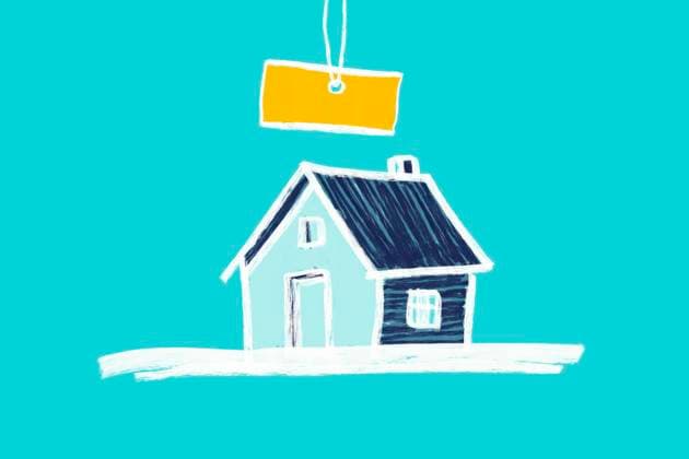 A creative illustration of a house with a yellow price tag on a turquoise background, symbolizing real estate, buying, selling, and home value concepts. Model Released HodeiUnzueta_ID26463_763614_010 Copyright: xHodeixUnzuetax RECORD DATE NOT STATED