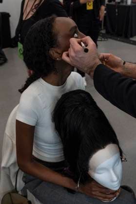 February 7, 2025, New York, New York, USA: Model prepares backstage for Christian Cowan show at New York Fashion Week Fall Winter 2025 at Glasshouse in New York on February 7, 2025. New collection by designer Cowan was inspired and is tribute to Abbie McLaughlin who passed away in 2024. New York USA - ZUMAr339 20250207_znp_r339_182 Copyright: xLevxRadinx