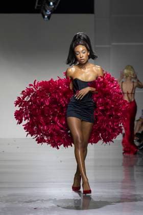 Christian Cowan runway show during New York Fashion Week Fall Winter 2025 Model walks runway during Christian Cowan show at New York Fashion Week Fall Winter 2025 at Glasshouse in New York. New collection by designer Cowan was inspired and is tribute to Abbie McLaughlin who passed away in 2024. New York New York United States Copyright: LevxRadin