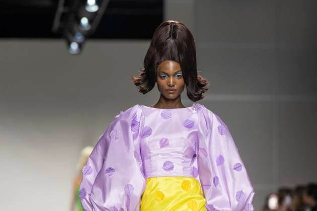 Christian Cowan runway show during New York Fashion Week Fall Winter 2025 Model walks runway during Christian Cowan show at New York Fashion Week Fall Winter 2025 at Glasshouse in New York. New collection by designer Cowan was inspired and is tribute to Abbie McLaughlin who passed away in 2024. New York New York United States Copyright: LevxRadin