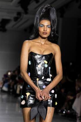 Christian Cowan runway show during New York Fashion Week Fall Winter 2025 Model walks runway during Christian Cowan show at New York Fashion Week Fall Winter 2025 at Glasshouse in New York. New collection by designer Cowan was inspired and is tribute to Abbie McLaughlin who passed away in 2024. New York New York United States Copyright: LevxRadin