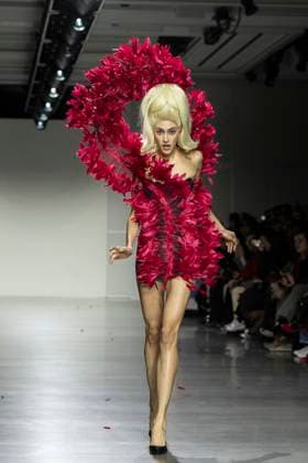 Christian Cowan runway show during New York Fashion Week Fall Winter 2025 Model walks runway during Christian Cowan show at New York Fashion Week Fall Winter 2025 at Glasshouse in New York. New collection by designer Cowan was inspired and is tribute to Abbie McLaughlin who passed away in 2024. New York New York United States Copyright: LevxRadin