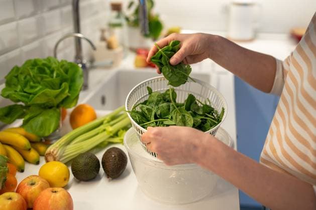 Cropped Bild der weiblichen Hände Kochen frischen Salat von grünem Spinat. Nützliche Lebensmittel für eine gute Gesundheit. Vegan women hands put greens spinach into plastic dryer centrifuge. Celery, avocados, apples, oranges lay on kitchen table. Fresh fruits and vegetables for weight control, weight loss and wellness. ,model released, Symbolfoto Copyright: xZoonar.com DmitriixMarchenkox 22770916 ,model released, Symbolfoto ,property released