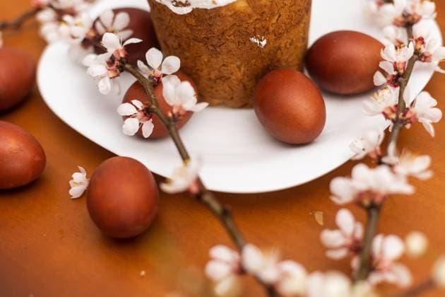 Easter cake, painted egg and blooming branch, spring composition on wooden table. , 50137508.jpg, flower, background, design, tree, love, food, vintage, nature, spring, glaze, decor, decoration, egg, symbol, holiday, easter, celebration, white, russian, panettone, christian, traditional, bakery, baked, sweet, cake, dessert, springtime, christianity, religion, brunch, brown, green, plum, painted, natural, green leaves, wooden, happy, branch, occasion, table, festive, still life, orthodox, colorful, greeting, tradition, april, red RECORD DATE NOT STATED