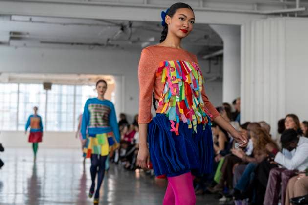 A model wears clothes by Spanish designer Agatha Ruiz de la Prada in New York, United States, 09 February 2025. Spanish designer Agatha Ruiz de la Prada presents her 2025 collection !ACHTUNG: NUR REDAKTIONELLE NUTZUNG!  Copyright: xAngelxColmenaresx AME8811 20250209-55015953186_1