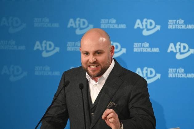 Markus FROHNMAIER (AfD ,MDB), bei seiner Rede, Einzelbild,angeschnittenes Einzelmotiv,Halbfigur,halbe Figur. AfD Wahlkampf -Veranstaltung am 09.02.2025 in Heidenheim *** Markus FROHNMAIER AfD, MDB, during his speech, single image, cropped single motif, half figure, half figure AfD election campaign event on 09 02 2025 in Heidenheim