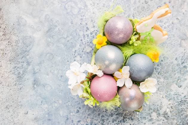 Bunte pastellfarbene Ostereier Colorful pastel easter eggs on stone background with space for text, top view. Copyright: xZoonar.com TatianaxGoskovax 22780524